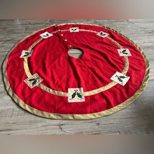 Wool blend Festive Red Tree Skirt with Gold Trim holly christmas xmas holiday